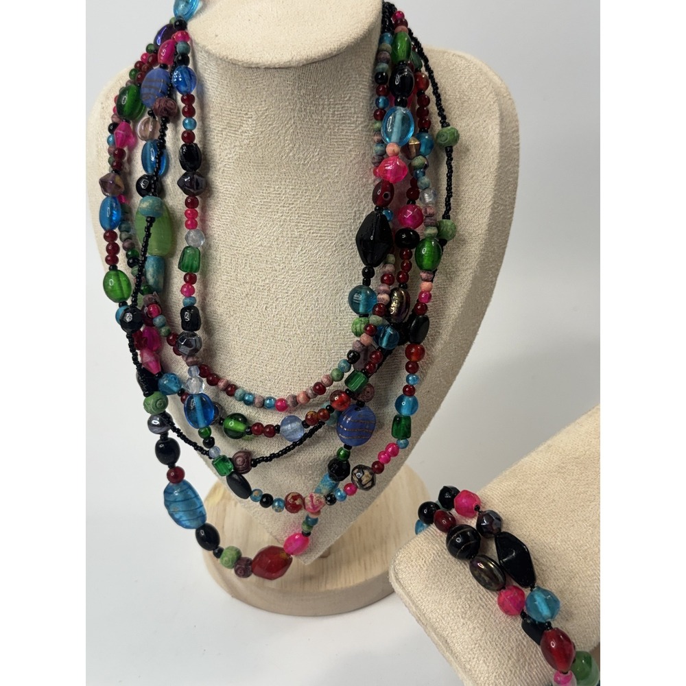 Multi Strand Colorful Beaded Necklace and Bracelet Set Boho Eclectic Glass Mix
